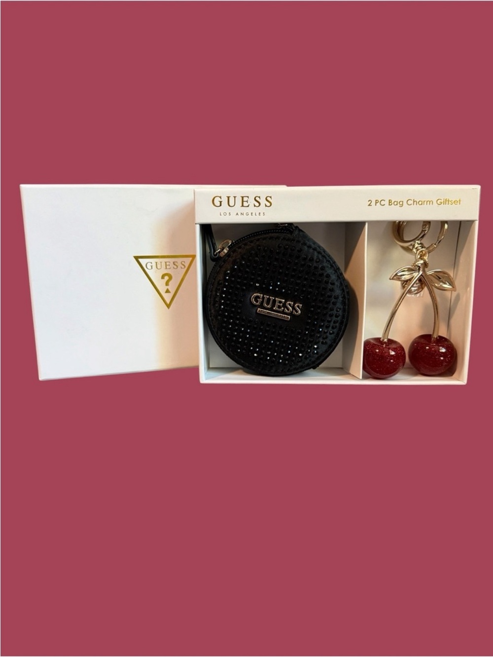 GUESS Black Crystal Coin Pouch with Red Cherry Charm Set NIB - Picture 2 of 4